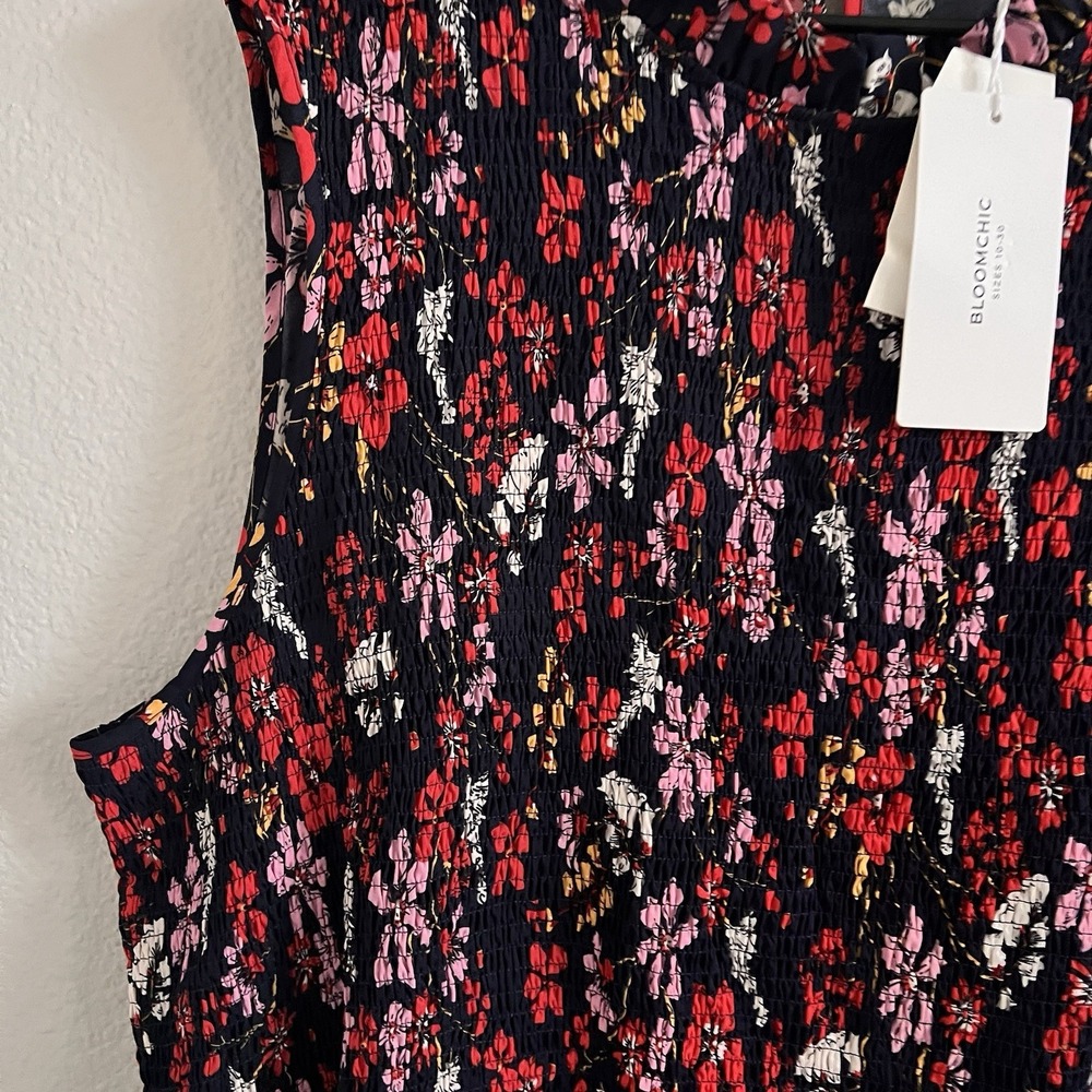 Bloom Chic Sz 28 Dress Midi Floral Mock Neck Sleeveless New Smocked - Picture 6 of 9